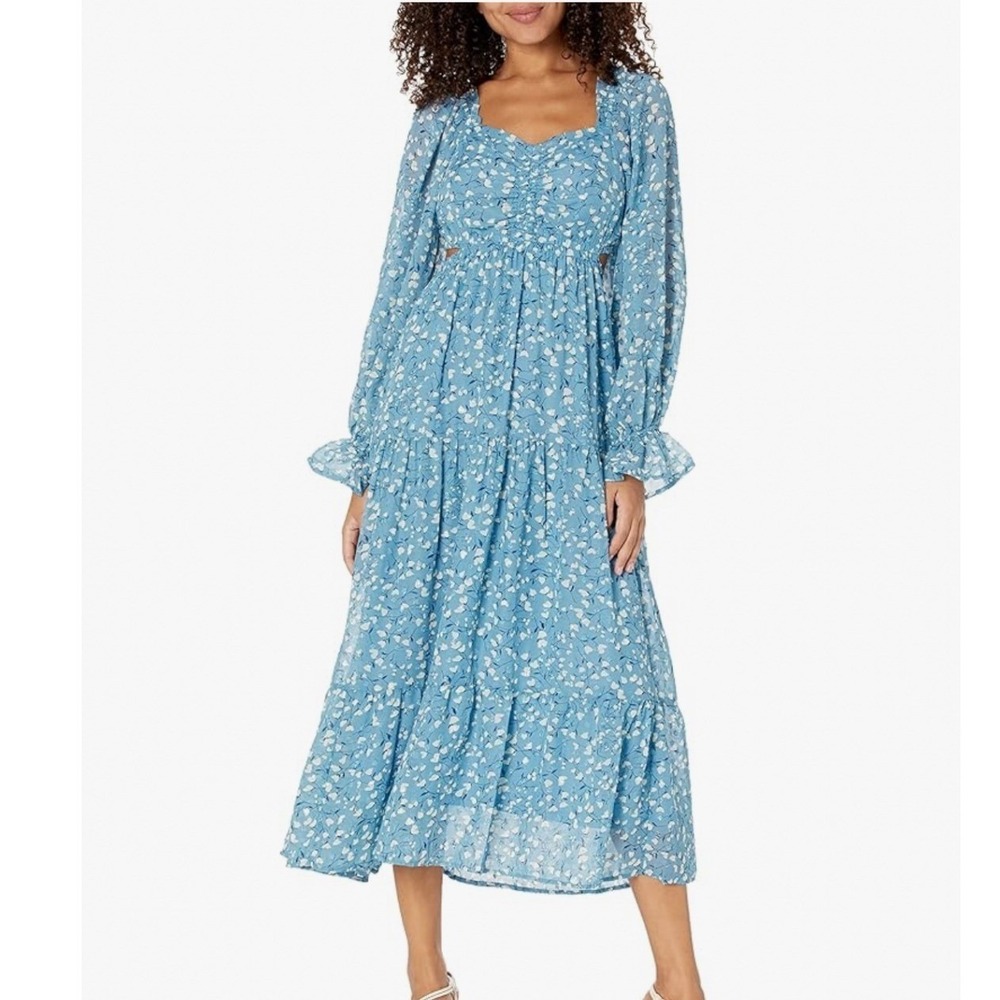 Moon River Blue Floral Cut-Out Back Tiered Midi Dress Long Sleeve XS cottagecore